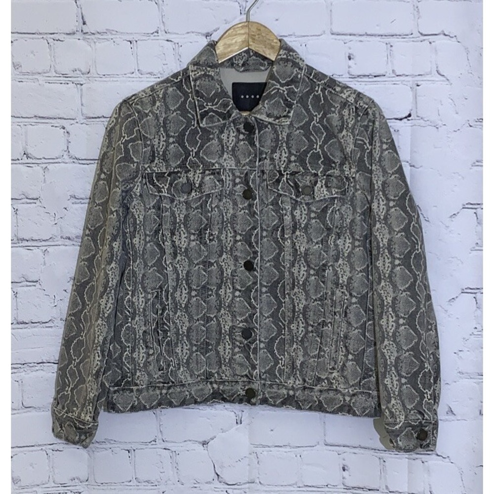 Blank NYC Women's Small Trucker Jacket Snake Reptile Print Gray Denim